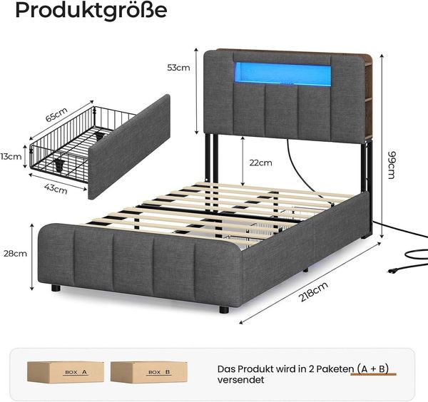 MSMASK Polsterbett mit 2 Schubladen, LED-Beleuchtung und Ladestation (Ohne Matratze), Kinderbett Jugendbett Einzelbett 90 x 200 cm