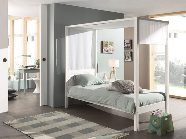 Vipack Himmelbett 90x200 cm, mit Lattenrost und Himmel Gestänge inkl. Textil Himmel, weiß