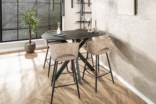 KAWOLA Bartisch SESTA Stehtisch Kunststoff Keramikoptik oval Kreuzgestell schwarz 93 x 80 x 140 cm