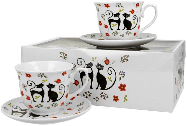 DUO ANIMALS 2er-Set Tassen 250 ml ETNO CATS mit Untertassen, New Bone China Porzellan