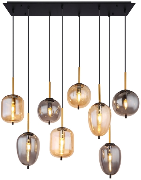 Hängeleuchte, Messing-matt, Amber-Glas, 8-Flammig