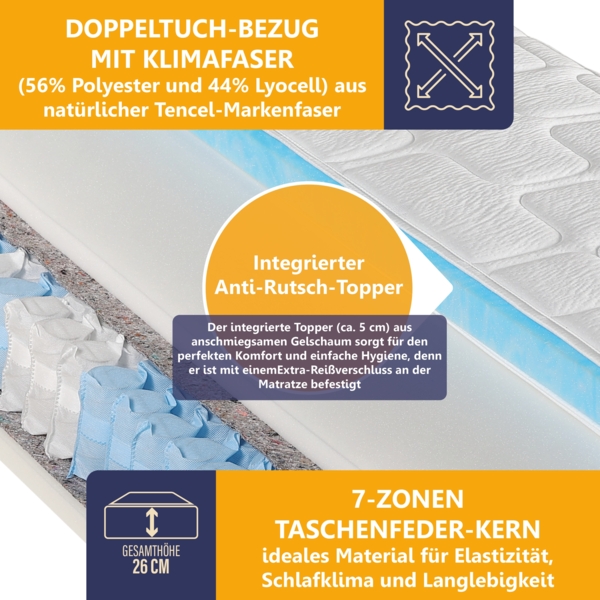 Taschenfederkernmatratze Diamant Plus Top-Handling und Hygiene durch integrierten Topper, Beco, 26 cm hoch, waschbar bis 60°, 180x200 cm, H2 Bild 3