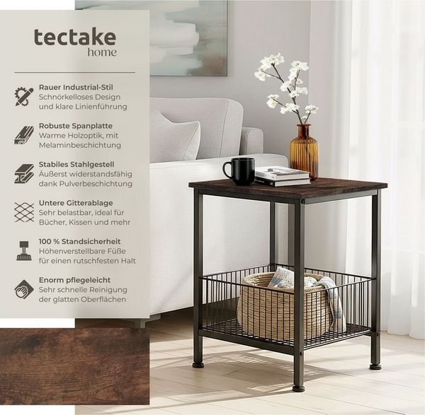 tectake Beistelltisch Couchtisch Grimsby 40x40x55,5cm (1-St, 1 tlg), Stilvoller Beistelltisch mit Ablage und Gitterkorb im Factory Look