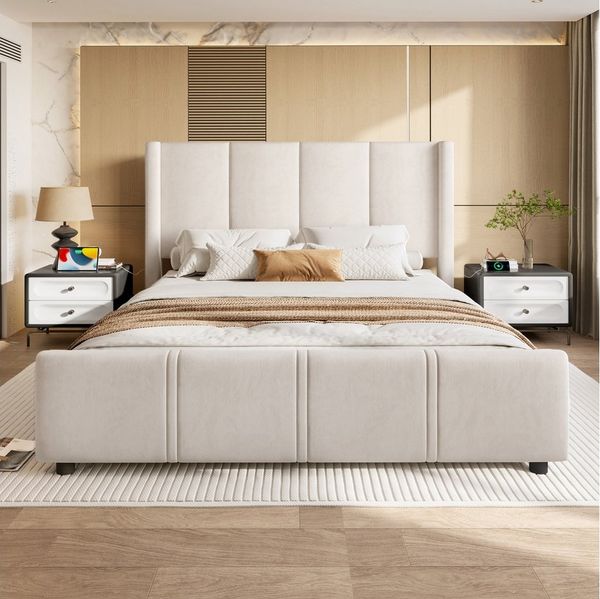 REDOM Polsterbett mit hohem Kopf- und Fußteil, Eisen-Holz-Rahmen und USB-Anschluss (Doppelbett Funktionsbett, 140x190 cm), ohne Matratze