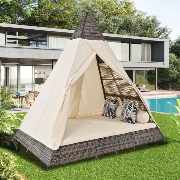 Merax Gartenlounge-Set, Rattanzelt, geeignet für 2–4 Personen, graues Rattan, beiger Türvorhang, Sitzkissen mit Reißverschluss