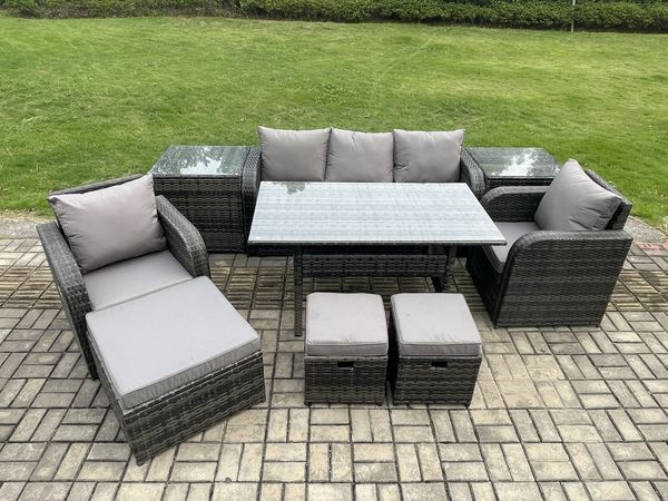 Fimous 9 Pcs Rattan Gartenmöbel Set Rechteckiger Esstisch und Sessel Sofa Set mit 2 Beistelltischen 3 Fußhockern Dunkelgrau gemischt