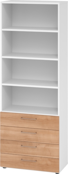 bümö smart Schubladenschrank, Büroschrank 80cm breit in Weiß/Nussbaum mit 4 Schüben & 4 Regalfächern - Bürocontainer aus Holz, Container mit Metallgriffen & Soft-Stop Schubladen, 968S4-W-N-BS