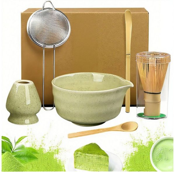 SURFOU Teeservice 6 Stück Matcha Tee Set mit Matcha Besen Edelstahlsieb Schal, 2 Matcha Löffel Besenhalter aus Keramik Matcha-Utensilien