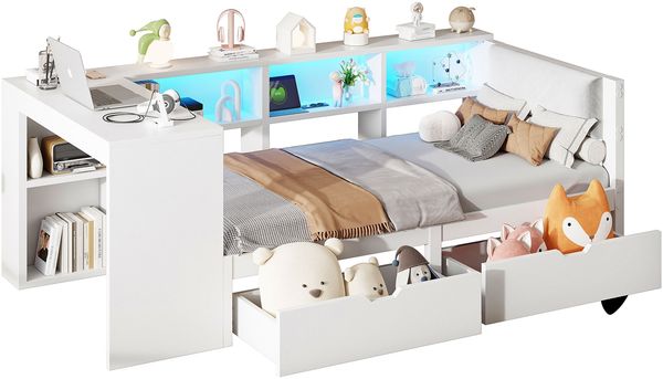Merax Daybett Einzelbett Tagesbett 90x200cm mit 2 Schubladen, Jugendbett Stauraumbett mit Led und Ladefunktion, Schlafsofa, Weiß Bild 10