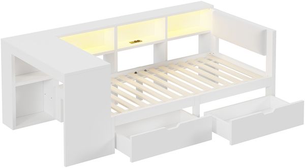 Merax Daybett Einzelbett Tagesbett 90x200cm mit 2 Schubladen, Jugendbett Stauraumbett mit Led und Ladefunktion, Schlafsofa, Weiß Bild 8