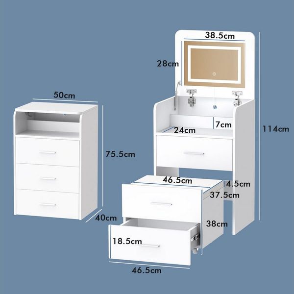 ALFORDSON Schminktisch LED-Nachttisch, tragbarer Schreibtisch, 3-in-1-Flip-Top-Design (1-St), Mit beleuchtetem Spiegel, Stauraum und klappbarer Platte