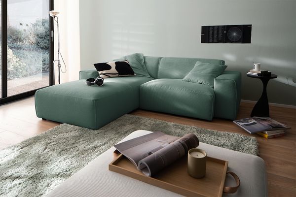 KAWOLA Sofa RANI Ecksofa Feincord grün Recamiere links 71 x 189 x 228 cm
