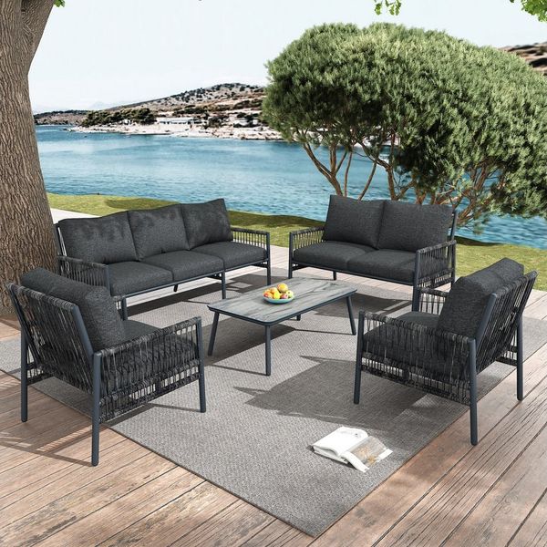 Celya Gartenlounge-Set Gartenlounges, Gartenmöbel Set 7 Personen mit Esstisch, PE-Rattan, (PE-Rattan, verzinktes Stahlrohr, gehärtetes Glas (Massivholzmaserung imitiert), Sitzkissen abnehmbar und waschbar), Gartenmöbel-Set 7-Sitzer, 7 Sitzplätze, 1 Cou...