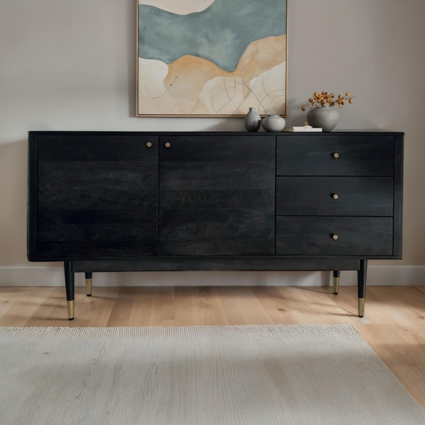 FineBuy Sideboard Akazie Massivholz 160 cm 2 Türen & 3 Schubladen - Massive Retro Kommode in Schwarz - Design Natur Anrichte - Handmade Industrial