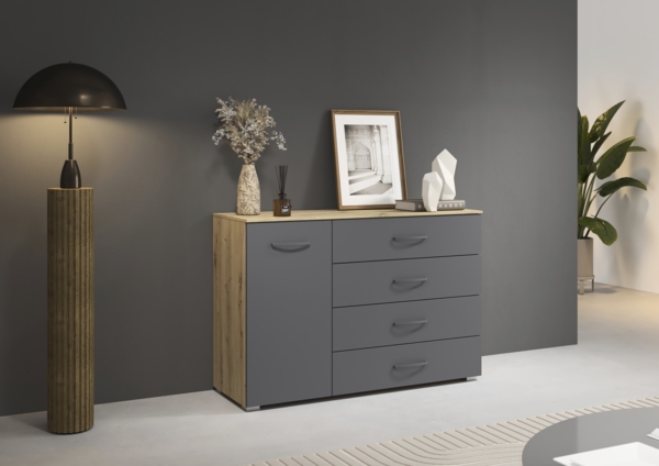 rauch Aditio Box, Kommode, 1-türig, 4 Schubladen, mit Softclose-Funktion, Farbe Grau metallic/Eiche Artisan, BxHxT 120x81x42cm
