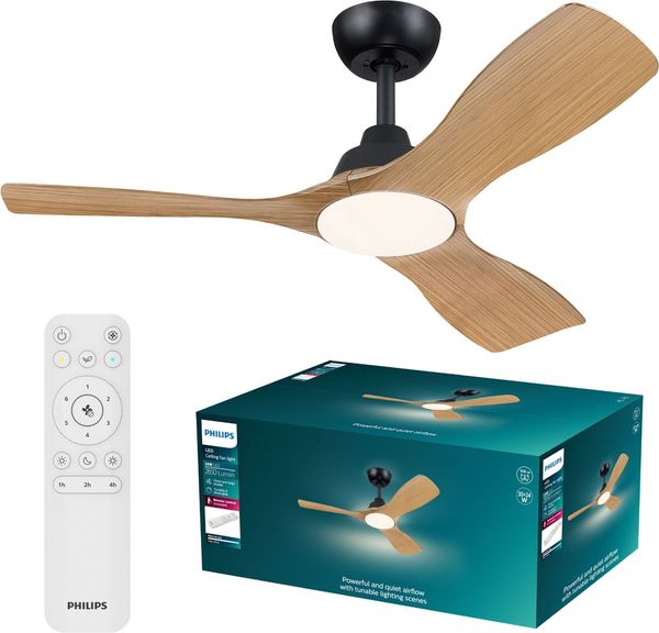 Philips LED Deckenleuchte Olas 24W DC-Ventilator 30W, fixe Rotorblätter, ⌀ 106cm, schwarz-braun, CCT - über Fernbedienung, Dimmer, Dimmfunktion, Ein-/Ausschalter, Farbsteuerung, Fernbedienung, Infrarot inkl, Memoryfunktion, Ventilatorfunktion, dimmbar ...