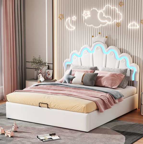 Polsterbett 140x200 cm mit Stauraum und LED-Beleuchtung – Prinzessinnen-Design in Weiß