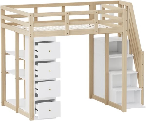 Novelux Hochbett 140x200 cm mit Stauraum, Treppe und integrierter Kommode – Massivholz Kiefer Natur, platzsparendes Jugendbett mit Sicherheitsleiter Bild 10