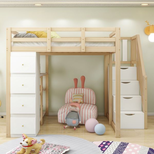 Novelux Hochbett 140x200 cm mit Stauraum, Treppe und integrierter Kommode – Massivholz Kiefer Natur, platzsparendes Jugendbett mit Sicherheitsleiter