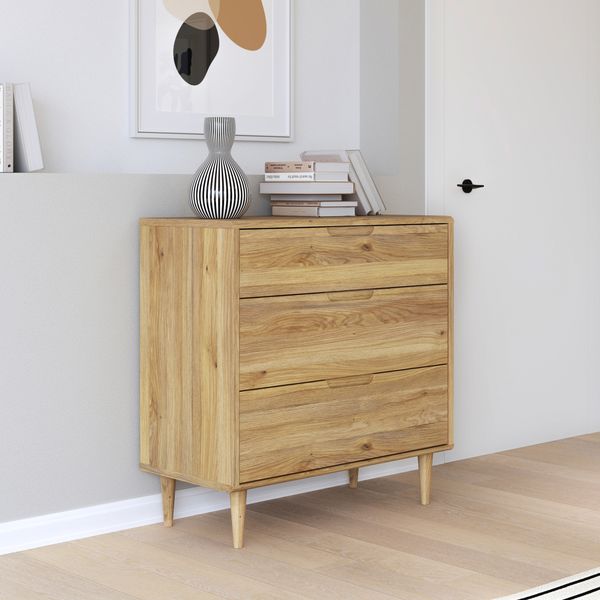 Forte SHERBROOKE Kommode 90, EasyKlix by FORTE, Kommode mit 3 Schubladen, Holzwerkstoff, Mauvella Eiche Holzdekor, hohe Holzfüße, Modern Mid-Century-Stil, 90 cm breit x 93 cm hoch x 43 cm tief