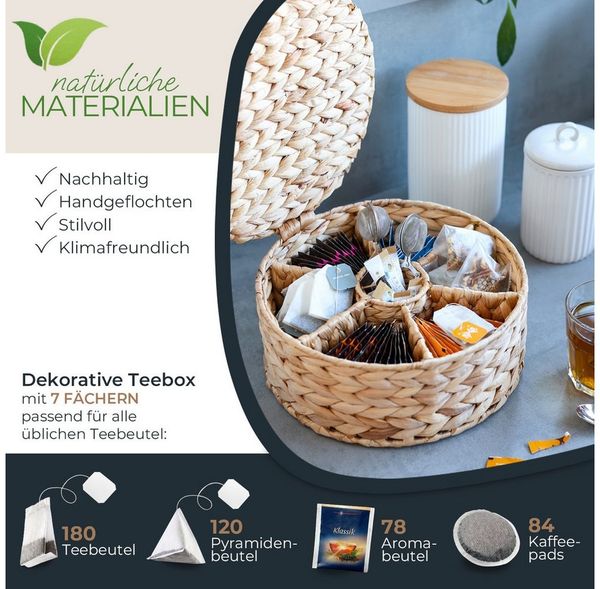 HMF Teebox Teebox aus Wasserhyazinthe mit 7 Fächern, Aufbewahrung von Teebeuteln, Wasserhyazinthe, Aufbewahrungskorb als Organizer für Küche, Bad Wohnbereich, ø 27x11 cm