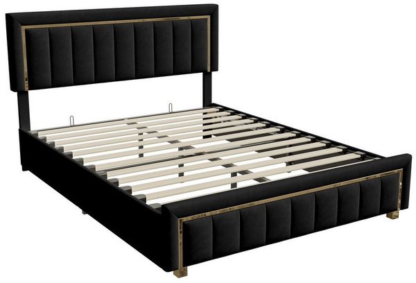 PXloue Polsterbett Stauraumbett Doppelbett (Hochklappbares Bett 140x200 cm), Samtbezug in Schwarz, mit stabilem Lattenrost & Metallrahmen