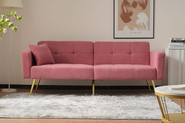 Schlafsofa 175 x 64 x 72 cm in Rosa mit Sherpa-Bezug, verstellbarer Rückenlehne und Schlaffunktion