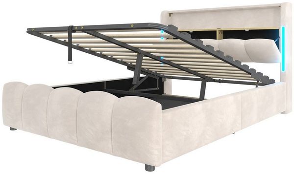 BlingBin Polsterbett Doppelbett, Hydraulisch Stauraumbett, Kopfteil mit Staufach (Bett, 1-tlg, 140 x 200 cm), Mit USB- und Typ-C-Anschlüssen, LED-Beleuchtung, Samt, ohne Matratze