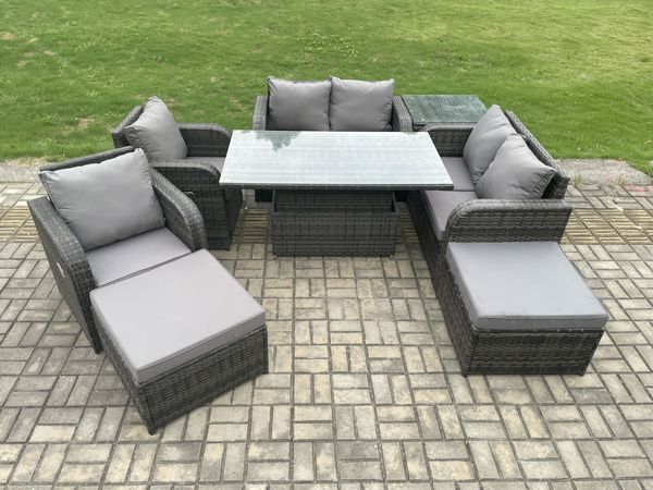 Fimous 8-Sitzer Rattan Möbel Garten Dining Set im Freien Höhenverstellbarer aufsteigender Tisch Liebe Sofa Stuhl mit Beistelltisch 2 Fußhocker