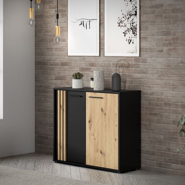 Forte CARDIGAN Kommode 100, moderne Kommode, 2-türig mit Lamellendesign, Wohn-/Schlafzimmer, Artisan Eiche Holzdekor|Schwarz, 95,8 cm breit x 82,3 cm hoch x 34,3 cm tief