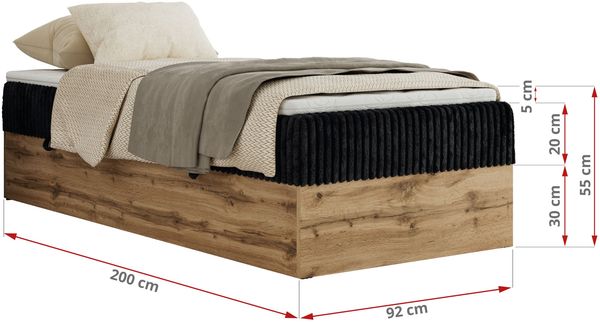 Boxspringbett, Einzelbett WOOD ZERO 90 x 200 cm, Hotelbett ohne Kopfteil, Bett mit Stauraum, 7-Zonen Multipocket-Matratze - Schwarz Cordstoff - H4 - Topper Visco Bild 6