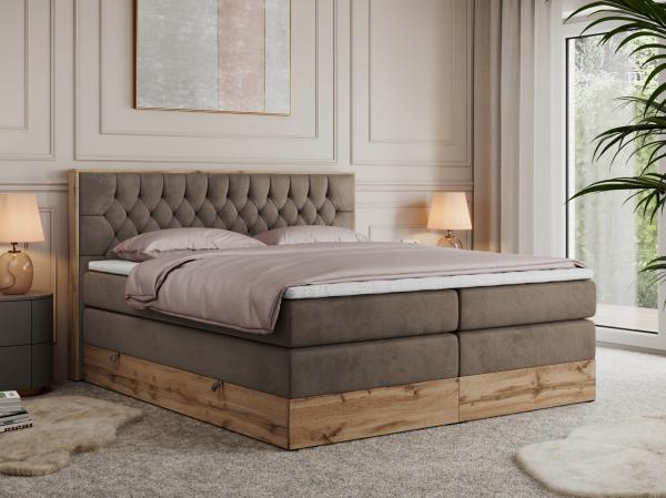 Boxspringbett AMORE KING, Doppelbett mit Multipocket-Matratze, Polsterbett mit Kopfstütze - 200 x 200 cm - Braun Velvet - H4