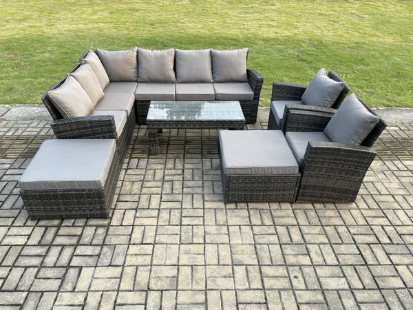 Fimous Gartenlounge Set Rattan Ecksofa Set mit 2 Sesseln 2 Großer Hockern Dunkelgrau gemischt
