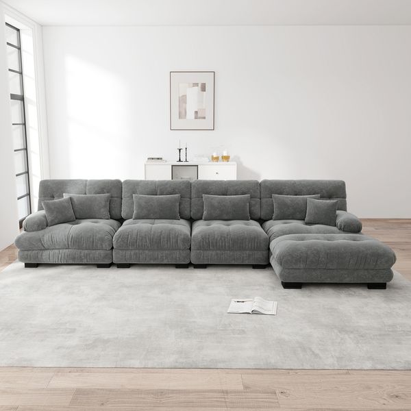 4-Sitzer modulares Ecksofa H 81 x T 406 x B 145 cm aus Chenille in Grau, L-/U-Form kombinierbar