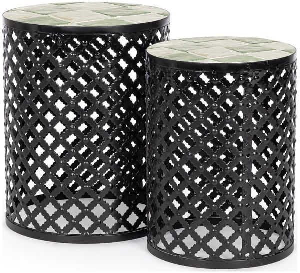 2er-Set Gartenbeistelltisch Erloi - Metall & Keramik, Ø 30 / 35 cm