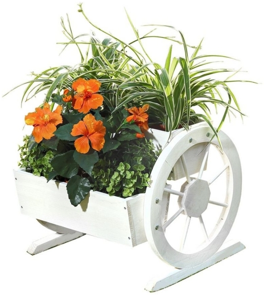 Pflanzkübel Wagenräder Blumentrog Holz Garten Dekoration Holzkasten Weiß Blume