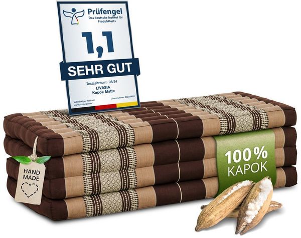 Nachhaltige Klappmatratze aus Kapok, breite Gästematratze vierteilig, Faltbare Matratze, ökologische Yogamatte, klappbares Gästebett, Liege für Garten und Balkon 200 x 110 x 8 cm (Braun)