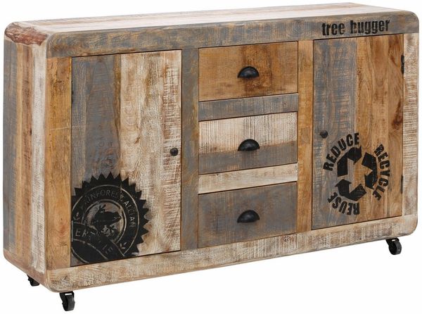 loft24 Sideboard Bulky, Anrichte aus Mangoholz massiv mit Rollen, Industriestil