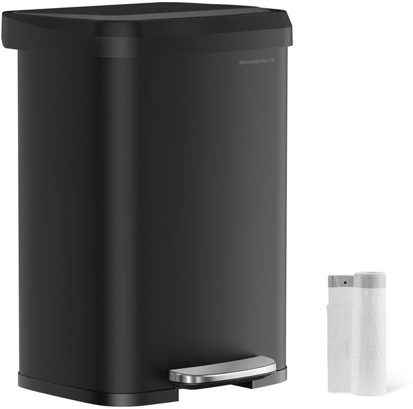 SONGMICS Mülleimer Küche, 50 Liter Abfalleimer, Tretmülleimer aus Metall, mit Deckel, hoch, schmal und geräumig, schwarz LTB530B5002