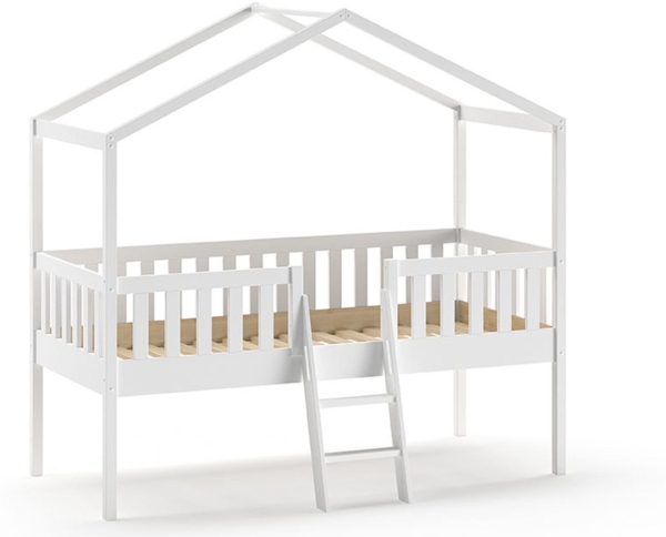 Hausbett mit Leiter Kapua 209x120x202 Kinderbett Massivholz Weiß