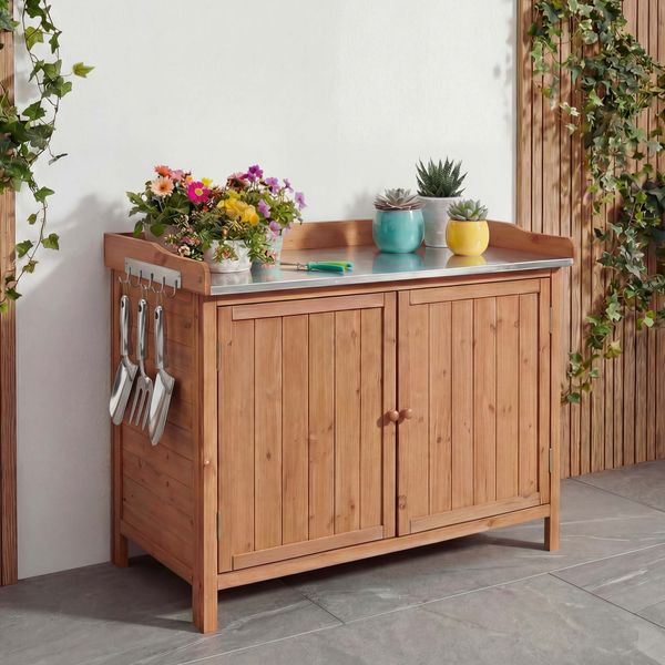 Gartenschrank mit Arbeitsplatte HWC-L69, Pflanztisch, Outdoor Tanne Holz FSC®-zertifiziert 86x104x52cm ~ braun