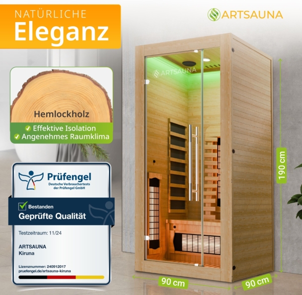 Artsauna Infrarotkabine Kiruna90 Premium mit Vollspektrum- & Flächenstrahler, 1 Person, LED Farblicht & Glastür, Infrarotsauna Sauna Bild 2