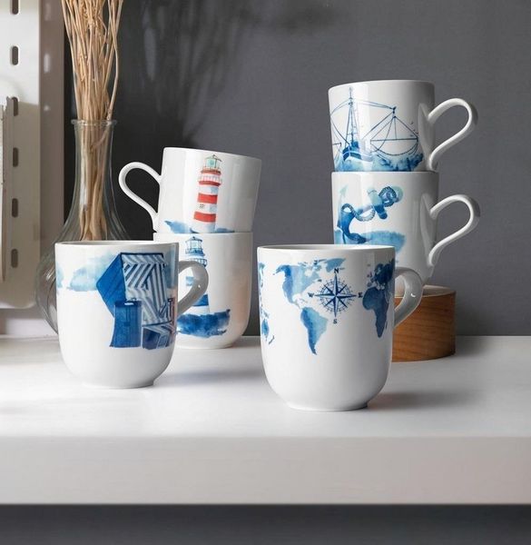 Seltmann Weiden Becher Seltmann Weiden Küstenmotiv Becher Leuchtturm blau-weiß, Porzellan