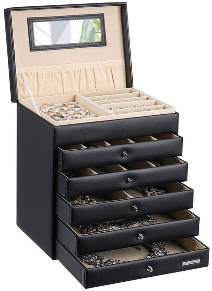 Yorbay Schmuckkasten Schmuckkästchen mit 6 Ebenen, 5 Schubladen (Mit Spiegel), zwei Farben, für Halsketten, Ringe, Armbänder, Ohrringe
