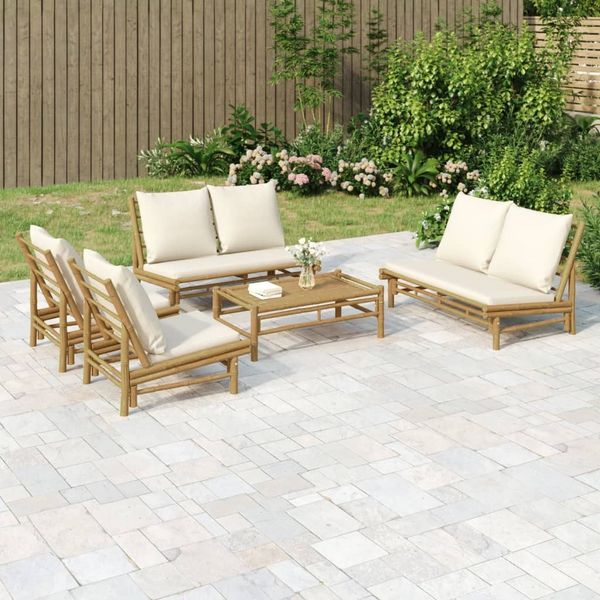 vidaXL 5-tlg. Garten-Lounge-Set mit Cremeweißen Kissen Bambus 3156485