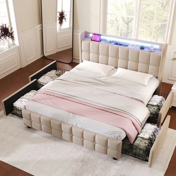 Polsterbett mit LED, Ladefunktion & 4 Schubladen, 140x200 cm, Beige, ohne Matratze