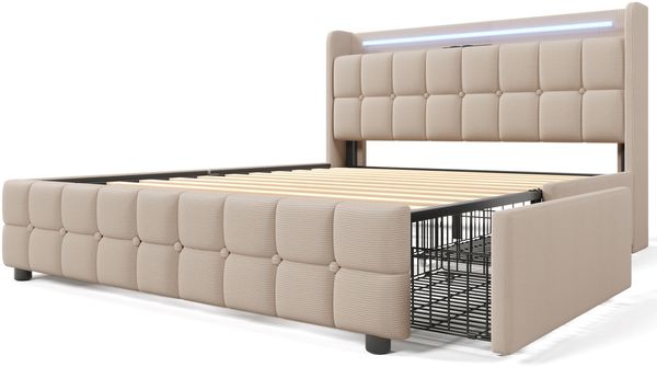 Polsterbett mit LED, Ladefunktion & 4 Schubladen, 140x200 cm, Beige, ohne Matratze Bild 8