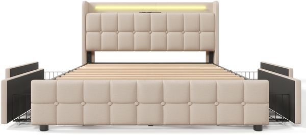 Polsterbett mit LED, Ladefunktion & 4 Schubladen, 140x200 cm, Beige, ohne Matratze Bild 10