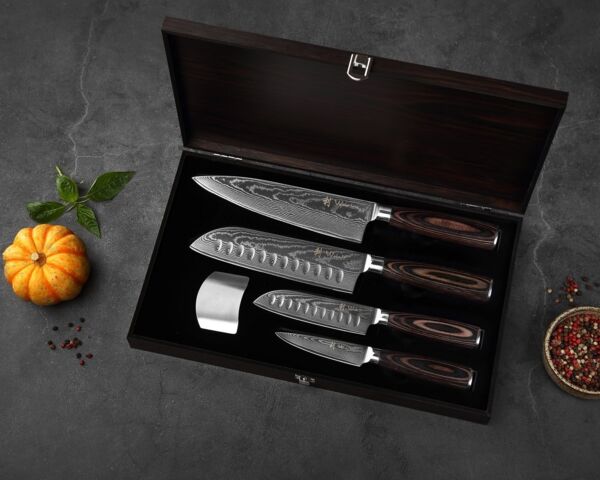 Wakoli Messer-Set EDIB Essentials 4er Damastmesser-Set Küchenmesser Kochmesser (Damastmesser mit Geschenkbox, 4-tlg, 4er Damastmesser-Set), VG10 Kern, 67 Lagen Damaststahl, Pakkaholzgriff, inkl. Geschenkbox