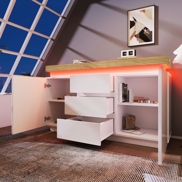 Sideboard B 140 x T 39 x H 81 cm, Hochglanz in Weiß mit 2 Türen, 3 Schubladen und LED-Beleuchtung